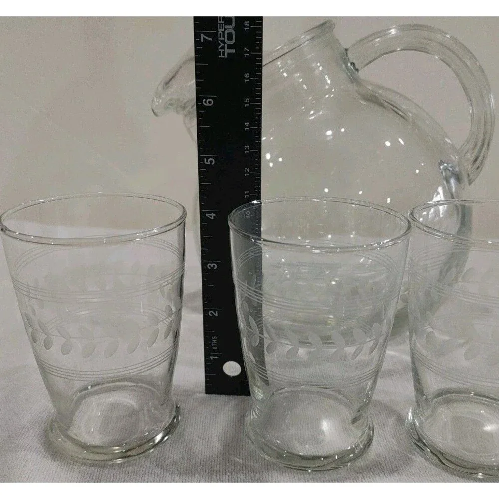 Vintage Tilted Clear Water Pitcher Etched Leaves Ring & Ice Lip & 4 Glasses